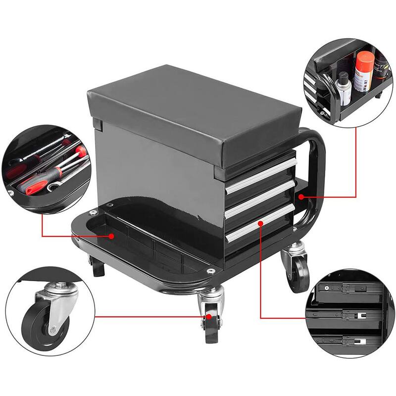 Torin 350 lbs. 14.6 in. L 3-Drawer Rolling Mechanic Creeper Seat with Can Organizer - APD2016AR