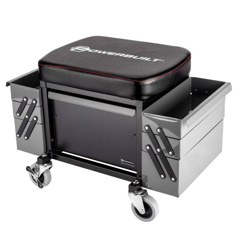 Powerbuilt Rolling Stool With Expandable Tool Trays and Drawer - 941918ECE
