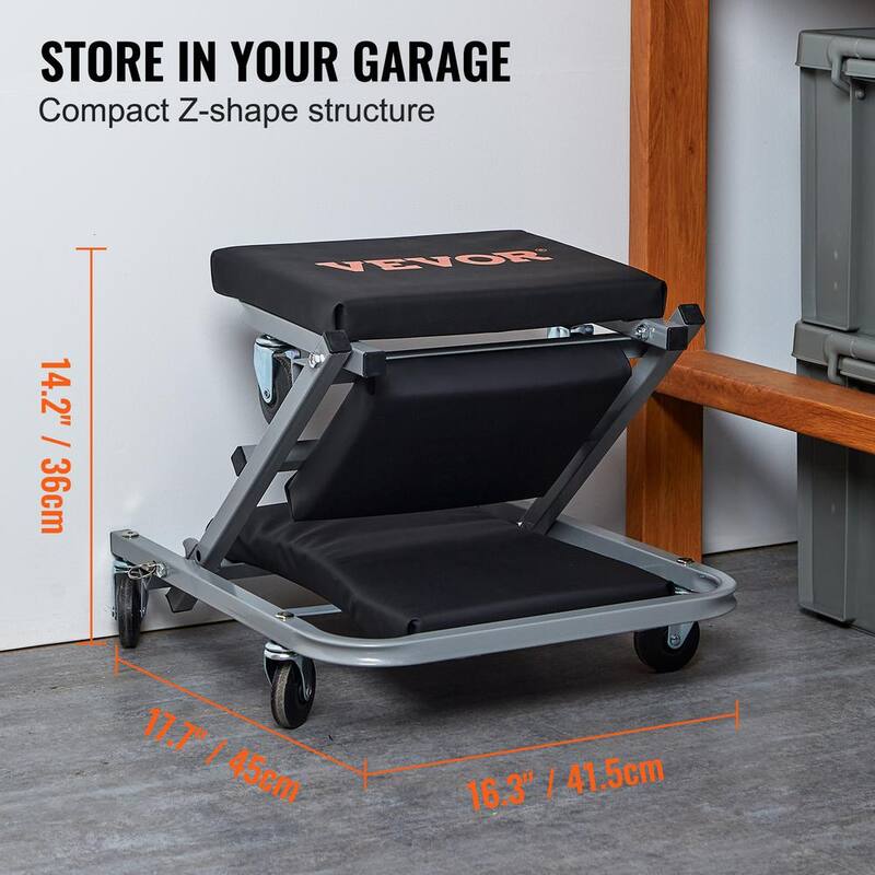 VEVOR 300 lbs. Capacity Z-Creeper Seat, 2-in-1 Rolling Folding Car Creeper, Low Profile Creeper with 6 pcs Wheels, Black - XCT21300366252H4YV0-0920