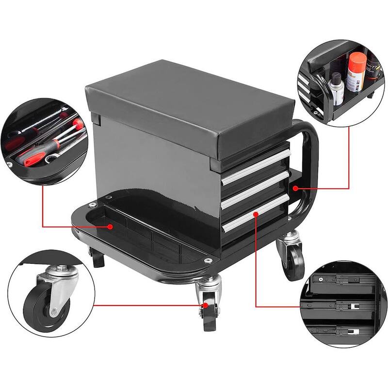 Torin 3-Drawer 14.4 in. Rolling Mechanic Creeper Seat with Can Organizer - APD2016AB