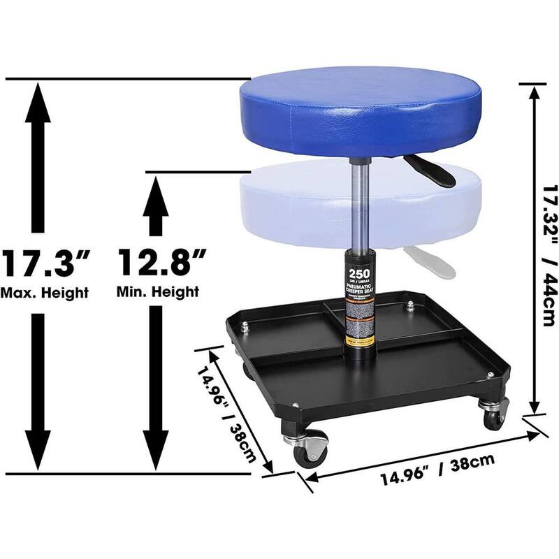 TCE Rolling Pneumatic Creeper Garage/Shop Seat: Padded Adjustable Mechanic Stool with Tool Tray Storage, Blue - ATR6350U