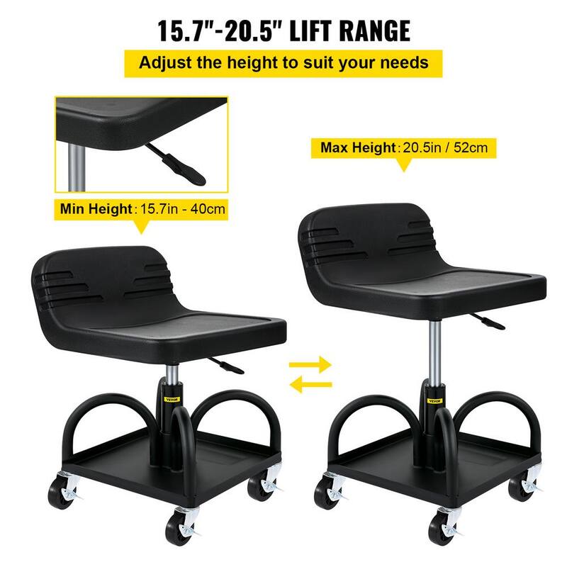 VEVOR 300 lbs. Capacity Rolling Garage Stool, Adjustable Height, Mechanic Seat with Swivel Wheels and Tool Tray, Black - HSKSJJXGZYBDDF5PZV0-0920