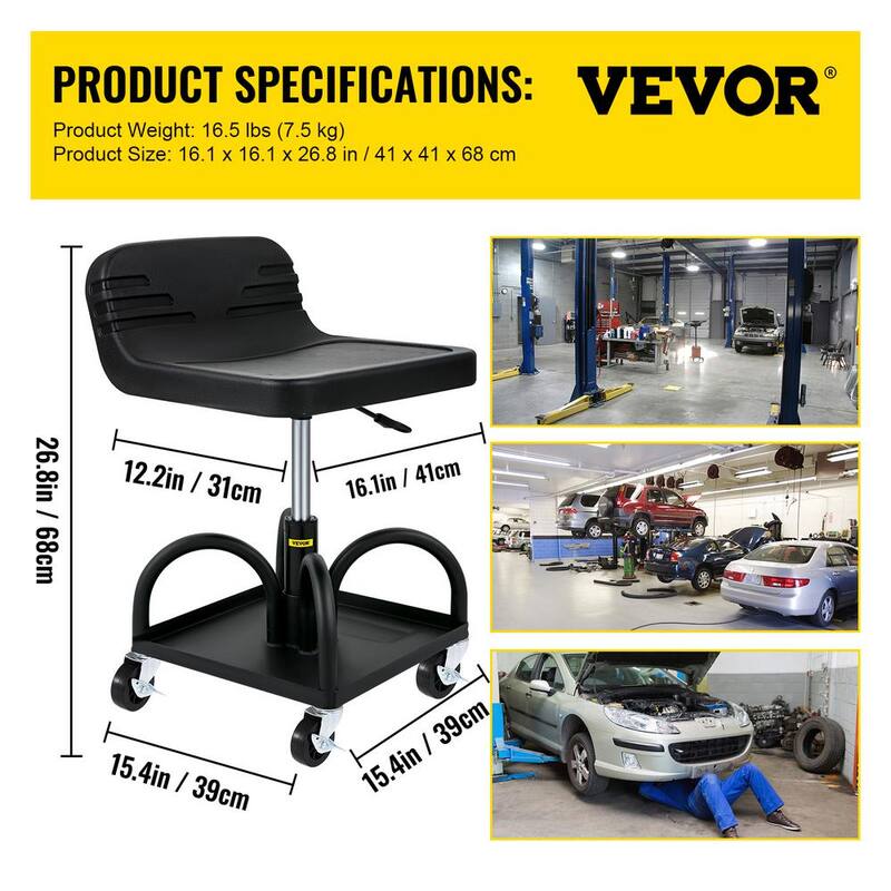 VEVOR 300 lbs. Capacity Rolling Garage Stool, Adjustable Height, Mechanic Seat with Swivel Wheels and Tool Tray, Black - HSKSJJXGZYBDDF5PZV0-0920
