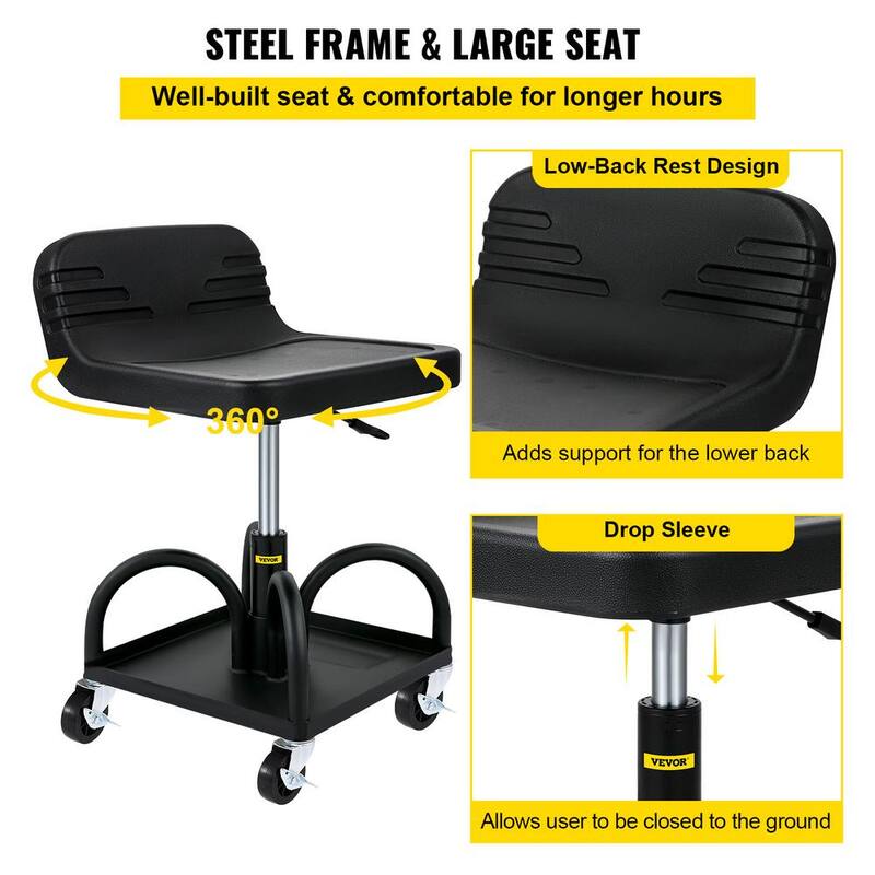 VEVOR 300 lbs. Capacity Rolling Garage Stool, Adjustable Height, Mechanic Seat with Swivel Wheels and Tool Tray, Black - HSKSJJXGZYBDDF5PZV0-0920