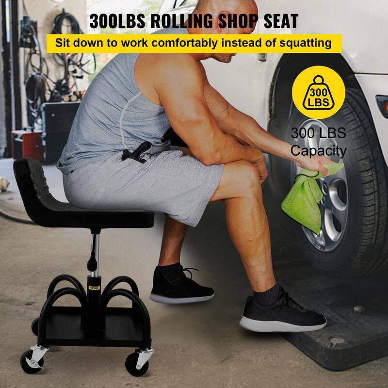 VEVOR 300 lbs. Capacity Rolling Garage Stool, Adjustable Height, Mechanic Seat with Swivel Wheels and Tool Tray, Black - HSKSJJXGZYBDDF5PZV0-0920