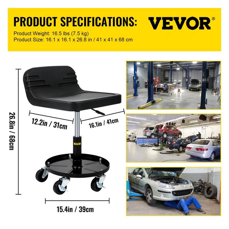 VEVOR 300 lbs. Capacity Rolling Garage Stool, Adjustable Height, Mechanic Seat with 360° Swivel Wheels and Tool Tray, Black - HSZXTLJXLDBDD3ZY2V0-0920