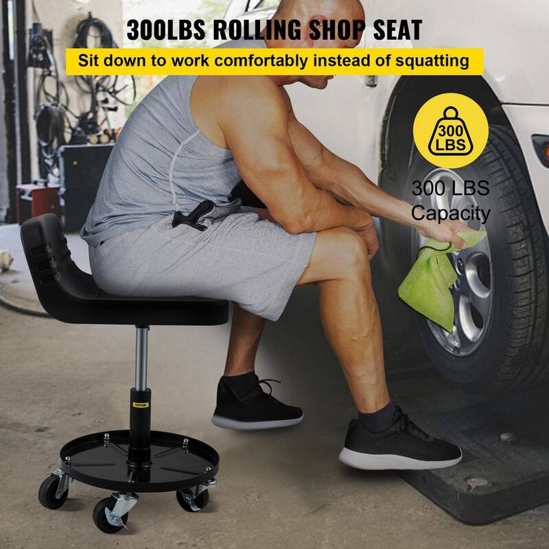 VEVOR 300 lbs. Capacity Rolling Garage Stool, Adjustable Height, Mechanic Seat with 360° Swivel Wheels and Tool Tray, Black - HSZXTLJXLDBDD3ZY2V0-0920