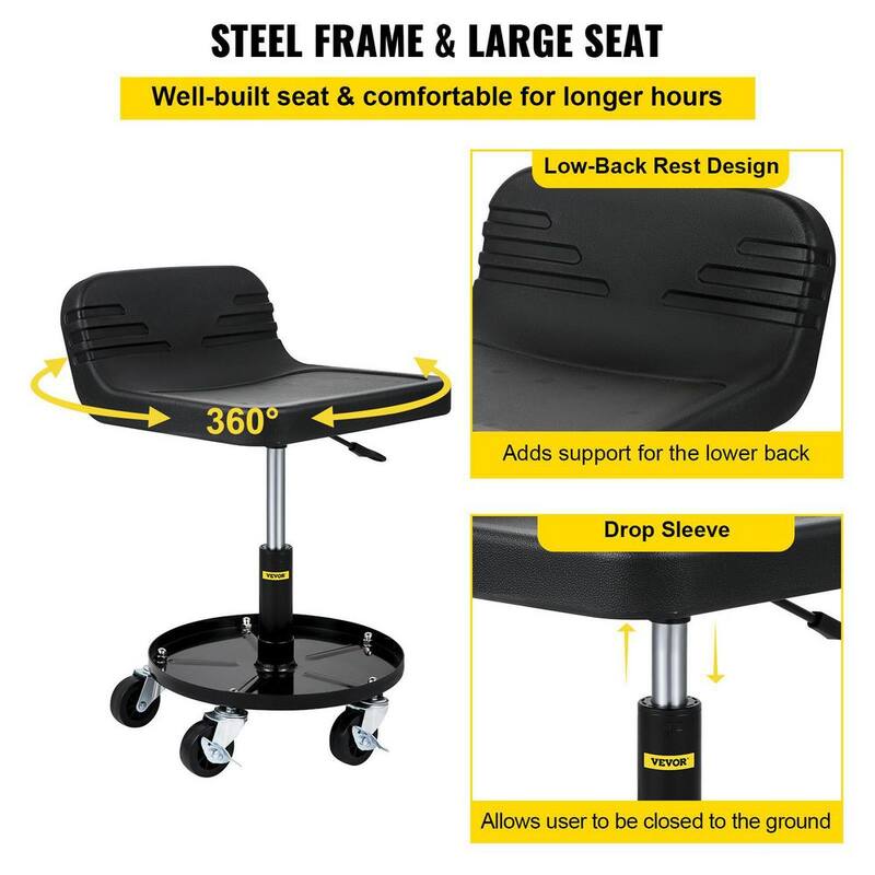 VEVOR 300 lbs. Capacity Rolling Garage Stool, Adjustable Height, Mechanic Seat with 360° Swivel Wheels and Tool Tray, Black - HSZXTLJXLDBDD3ZY2V0-0920