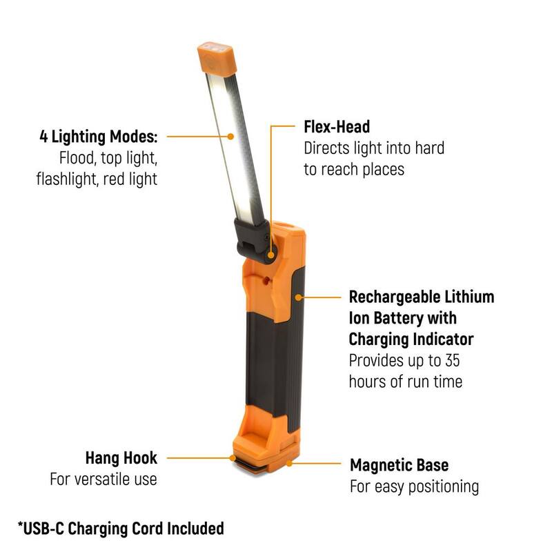 GEARWRENCH 10-1/2 in. 400 Lumen Lithium-Ion USB-C Rechargeable Automotive Flex-Head Light with Magnetic Clamping Base - GWFL105