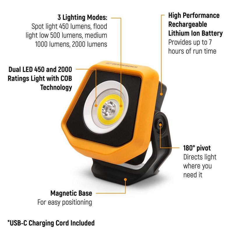 GEARWRENCH 2000 Lumen Lithium-Ion USB-C Rechargeable IP65 Automotive Shop Light with Magnetic Swivel Base - GWSL2000