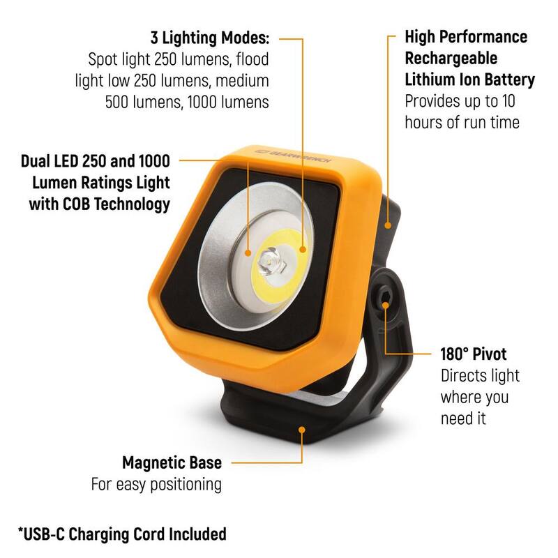 GEARWRENCH 1000 Lumen Lithium-Ion USB-C Rechargeable IP65 Automotive Shop Light with Magnetic Swivel Base - GWSL1000