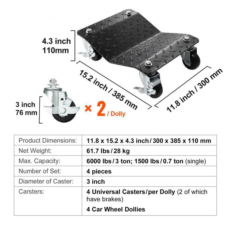 VEVOR Wheel Dolly, 6000 lbs. Car Moving Dolly, Wheel Dolly Car Tire Stake Set of 4 Pieces, Heavy-duty Car Tire Dolly Cart - NASLSBY415002SZ5TV0-0729