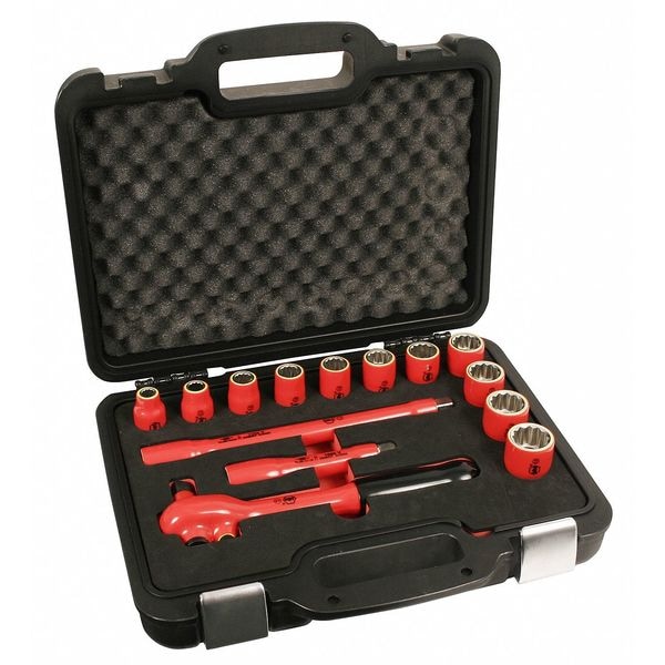 Wiha 1/2" Drive Socket Set Metric 14 Pieces 8 mm to 24 mm , Chrome - 31694