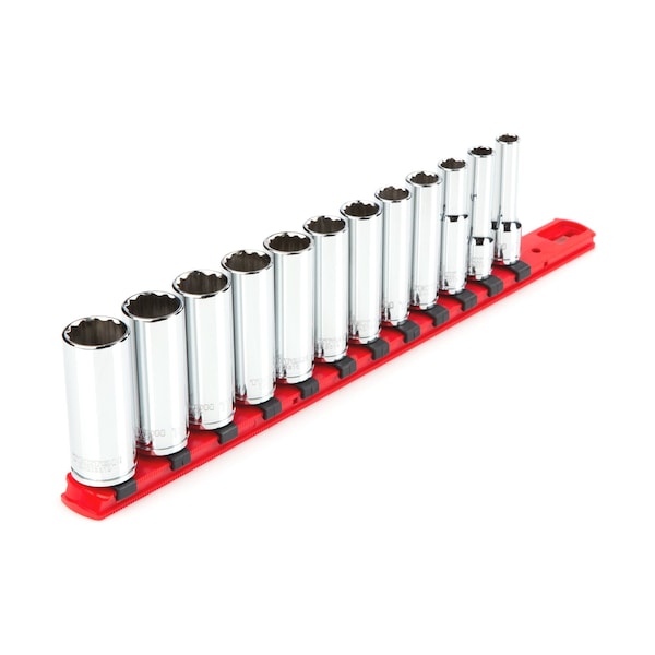 Tekton 3/8 Inch Drive Deep 12-Point Socket Set with Rail, 12-Piece (8-19 mm) - SHD91108