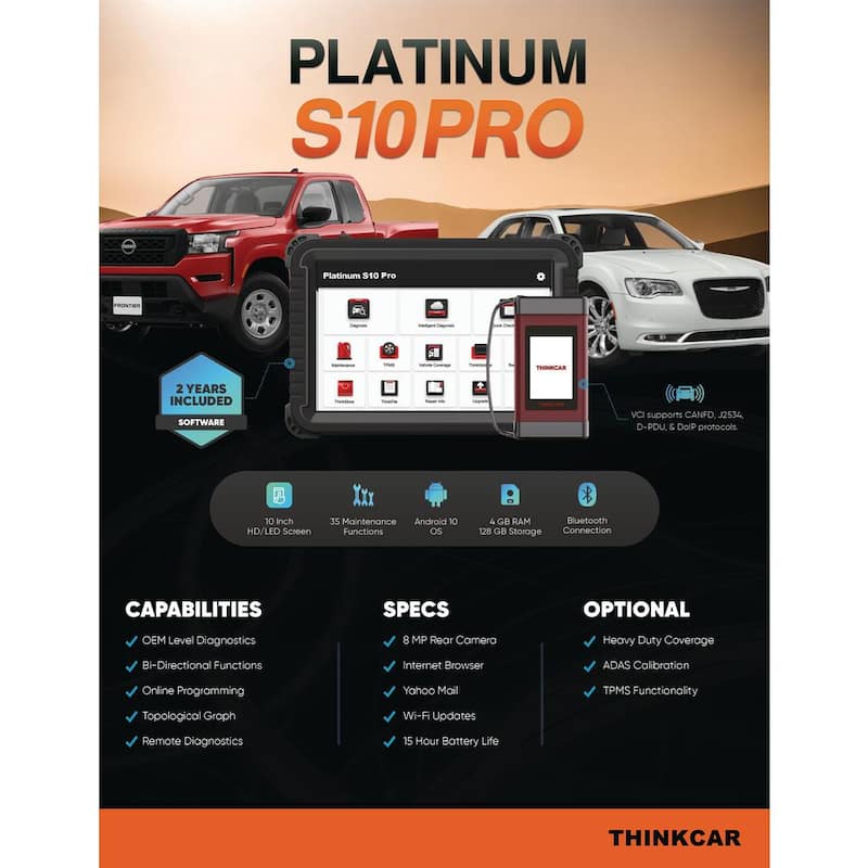 Thinkcar 10 in. Professional Vehicle Diagnostic Scanner Tool OBD2 Car Code Reader and Auto Diagnostics - PLATINUM S10 PROLINK - 301030042