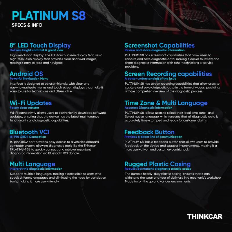 Thinkcar 8 in. Professional Vehicle Diagnostic Scanner Tool OBD2 Car Code Reader - PLATINUM S8 PROLINK - 301040006