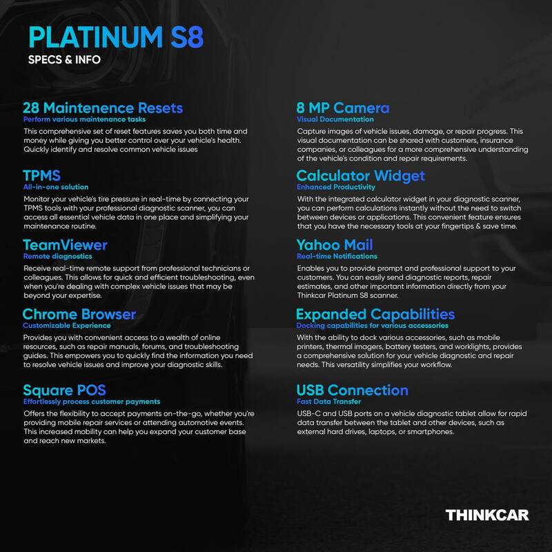 Thinkcar 8 in. Professional Vehicle Diagnostic Scanner Tool OBD2 Car Code Reader - PLATINUM S8 PROLINK - 301040006