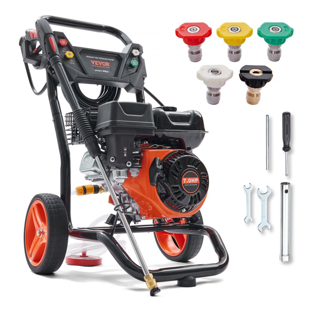VEVOR Gas Pressure Washer, 3600 PSI 2.6 GPM, Gas Powered Pressure Washer with Copper Pump, Spray Gun and Extension Wand, 5 Quick Connect Nozzles, for Cleaning Cars, Homes, Driveways, Patios - R3600PSI26GPM7JARV0