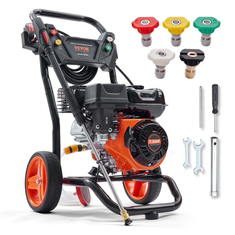 VEVOR Gas Pressure Washer, 3400 PSI 2.6 GPM, Gas Powered Pressure Washer with Aluminum Pump, Spray Gun and Extension Wand, 5 Quick Connect Nozzles, for Cleaning Cars, Homes, Driveways, Patios - R3400PSI26GPMHYZ0V0