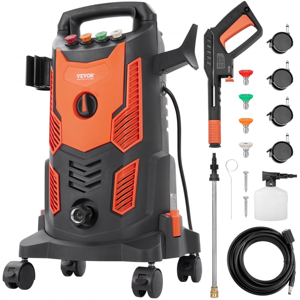 VEVOR Electric Pressure Washer, 2300 PSI, Max. 1.9 GPM, 1900W Power Washer w/ 26 ft Hose, 4 Quick Connect Nozzles, Foam Cannon, Retractable Handle for Portable to Clean Patios, Cars, Fences, Driveways - D2300PSI18GPM3OU7V1