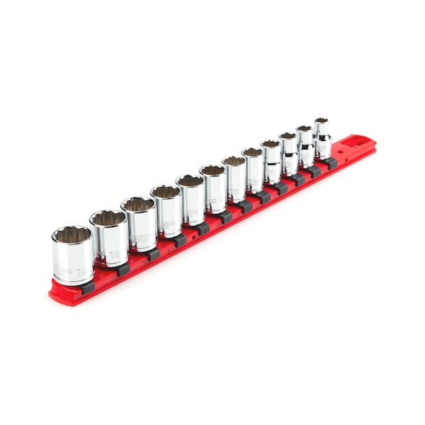Tekton 3/8 Inch Drive 12-Point Socket Set with Rail, 12-Piece (8-19 mm) - SHD91104