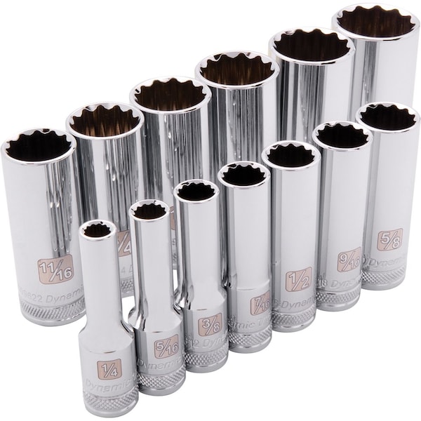 Dynamic Tools 3/8" Drive 13 Piece 12 Point, Deep SAE Socket Set, 1/4" - 1" - D010003