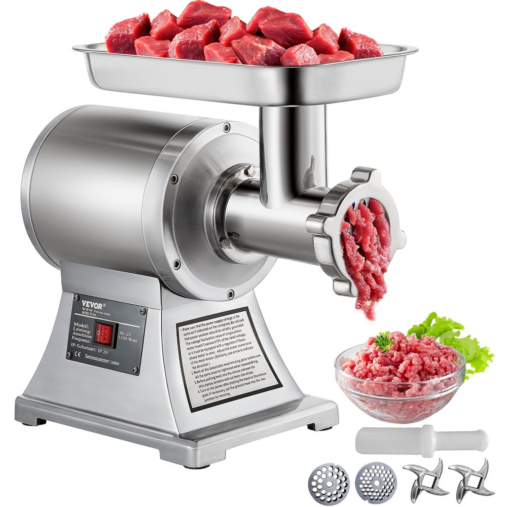 VEVOR Commercial Meat Grinder,550LB/h 1100W Electric Meat Grinder, 220 RPM Heavy Duty Stainless Steel Industrial Meat Mincer w/2 Blades, Grinding Plates & Stuffing Tubes - 1100WJRJ90800X001V1