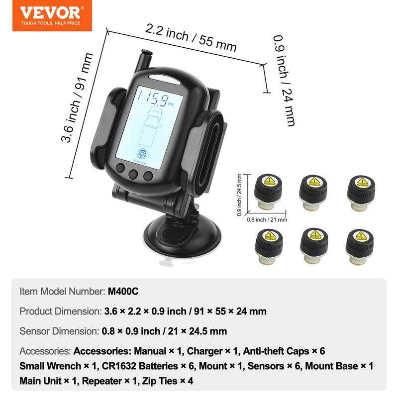 VEVOR RV Tire Pressure Monitoring System, 0-199 PSI Trailer TPMS, Universal Wireless Car Alarm System, Waterproof Set - DZCTYJCXT20LEC0JTV9