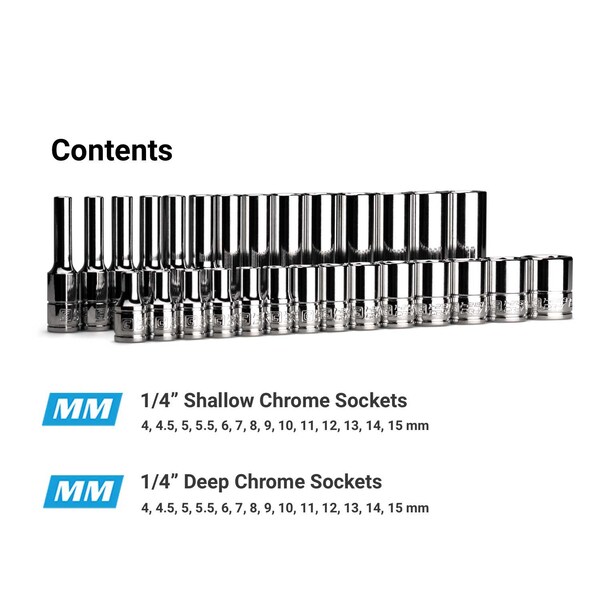 Capri Tools 1/4 in. Drive Master Chrome Sockets Set, 6-Point, 4 to 15 mm, Sockets Only - CP12110-28MSD