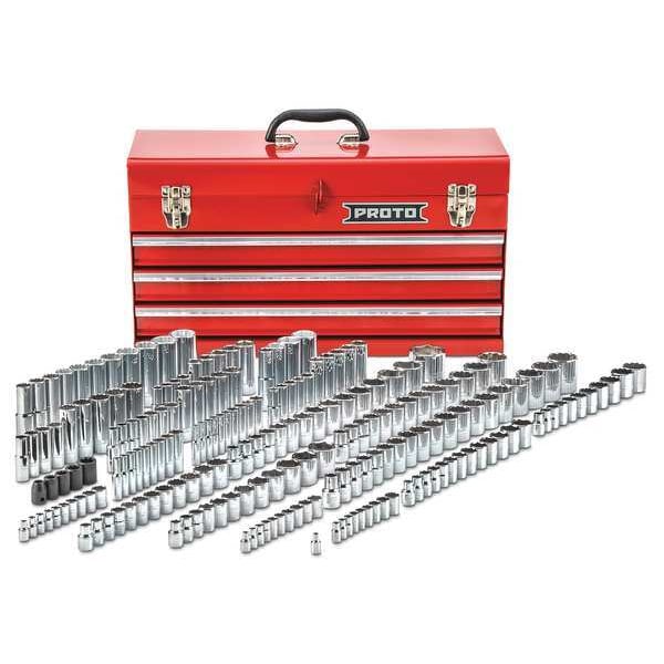 Proto 1/4", 3/8", 1/2" Drive Socket Set Metric, SAE 205 Pieces 4 mm to 32 mm, 5/32 in to 1 1/2 in - J47216-1