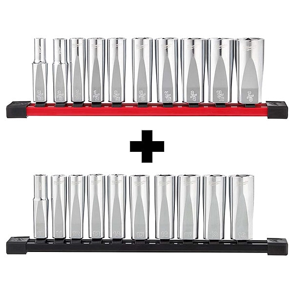 Milwaukee Tool 3/8 in Drive Socket Sets Metric, SAE 20 Pieces 10 mm to 19 mm, 5/16 in to 7/8 in , Chrome - 48-22-9405,48-22-9505