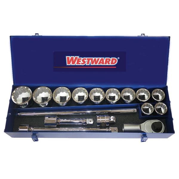 Westward 1" Drive Socket Wrench Set SAE 17 Pieces 1 7/16 in to 2 1/2 in , Chrome - 42W522