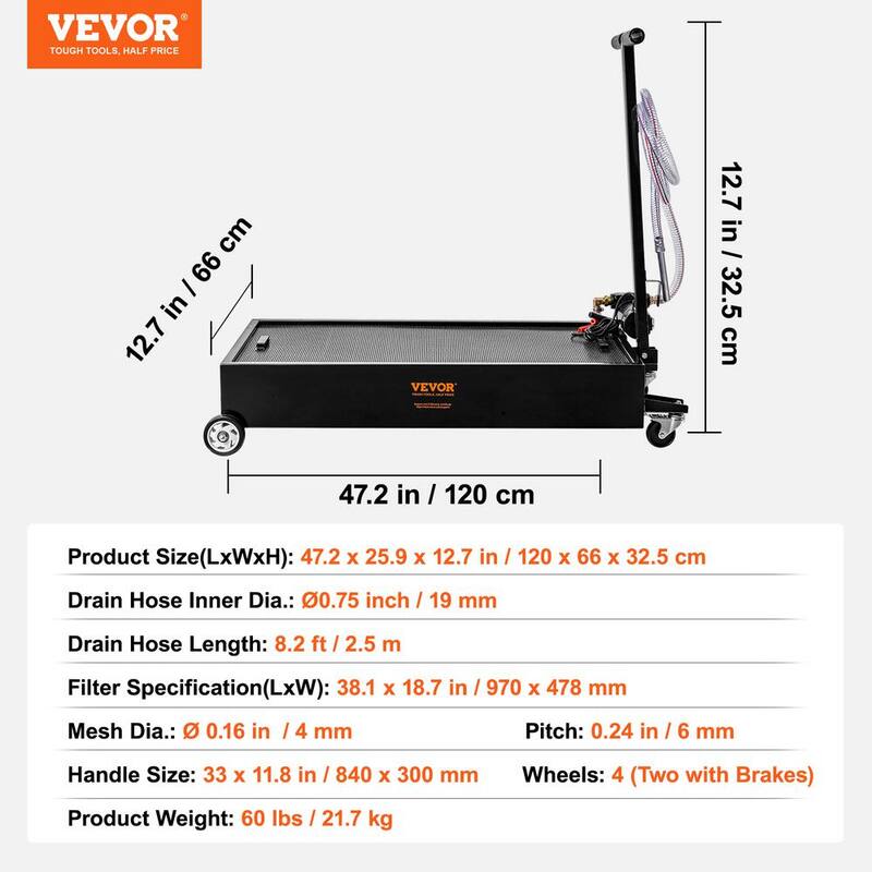 VEVOR 20 Gal. Oil Drain Pan w/180 Watt Electric Pump Low Profile Oil Drain Pan w/8.2 ft. Hose and Folding Handle for Trucks - DDQCPYPH20GAL3RWMV9