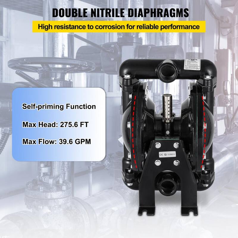 VEVOR Air-Operated Double Diaphragm Pump 1 in. Inlet Outlet Nitrile Diaphragm Aluminum 35 GPM Max 120PSI 275.6 ft. Head Lift - YBGMBQBY4-25L0001V0