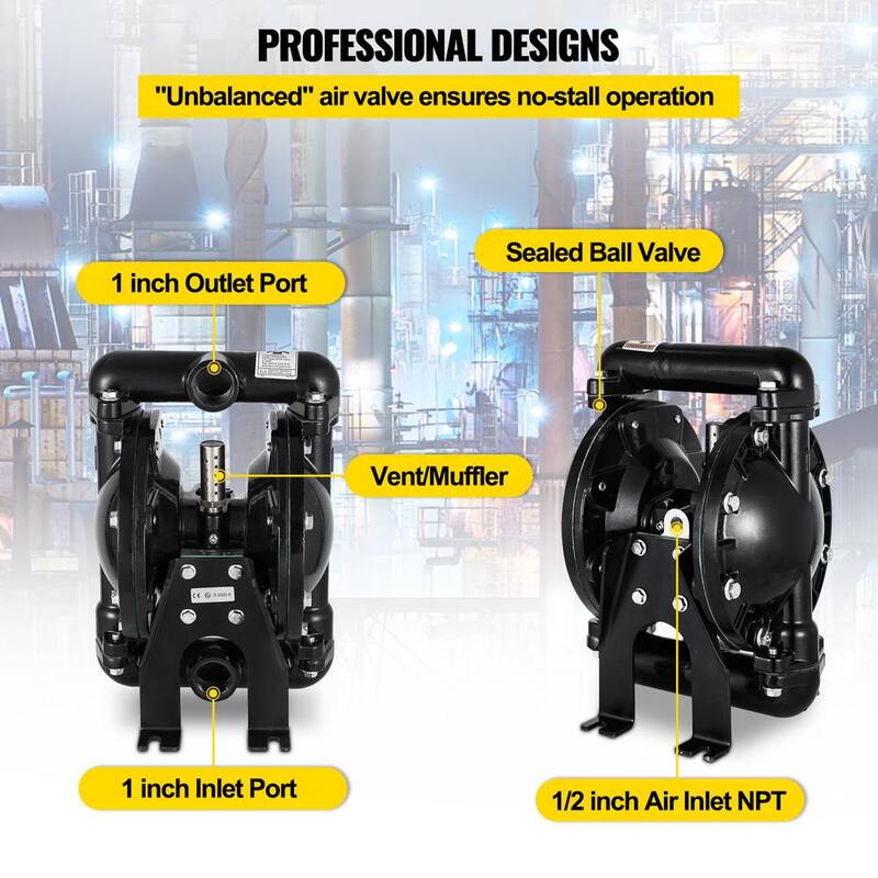 VEVOR Air-Operated Double Diaphragm Pump 1 in. Inlet Outlet Nitrile Diaphragm Aluminum 35 GPM Max 120PSI 275.6 ft. Head Lift - YBGMBQBY4-25L0001V0