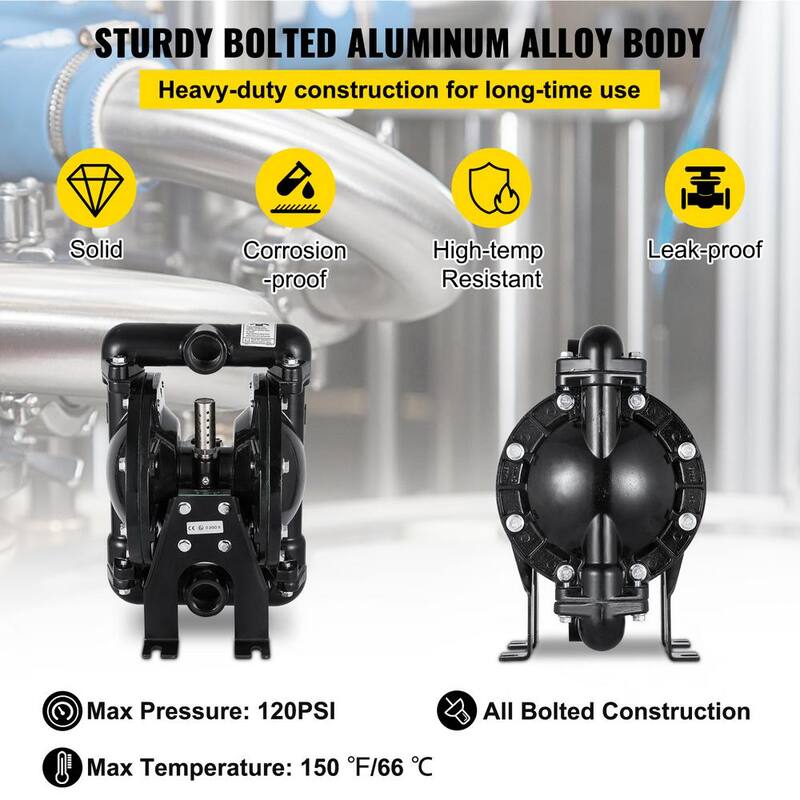 VEVOR Air-Operated Double Diaphragm Pump 1 in. Inlet Outlet Nitrile Diaphragm Aluminum 35 GPM Max 120PSI 275.6 ft. Head Lift - YBGMBQBY4-25L0001V0