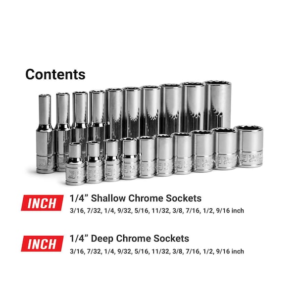 Capri Tools 1/4 in. Drive 12-Point Shallow and Deep Socket Set, SAE, 3/16 to 9/16 in., SAE, 20-Piece - CP16101-20SSD
