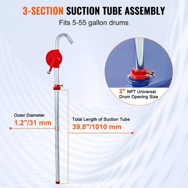 VEVOR 5 gal. - 55 gal. Drum Pump Rotary Barrel Pump 5 GPM Flow with 3-Section Suction Tube Assembly and Hose - SDTBSYSZT6555MF35V0