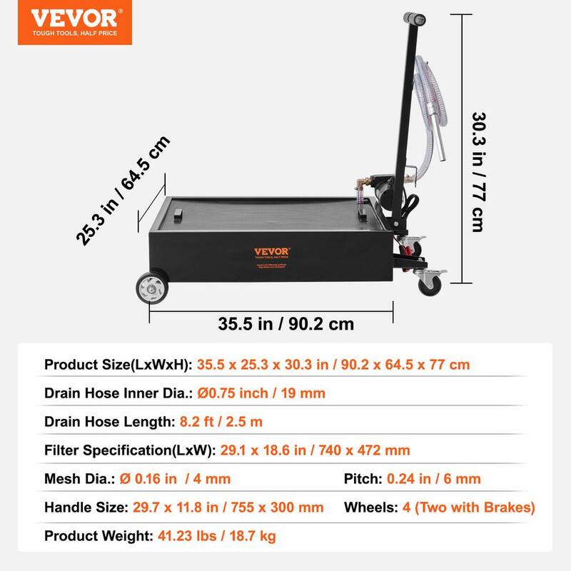 VEVOR 15 Gal. Oil Drain Pan w/180 Watt Electric Pump Oil Change Pan w/8.2 ft. Hose and Folding Handle for Trucks, RVs - DDQCPYPH15GALMBSSV9