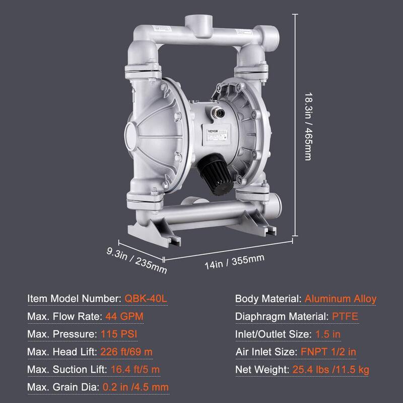 VEVOR Air Operated Double Diaphragm Pump, 44GPM, Max 115PSI Air Waste Oil Pneumatic Transfer Pump with 2 Extra Diaphragms - QDSQGMBLHJ15NT76JV0-0730