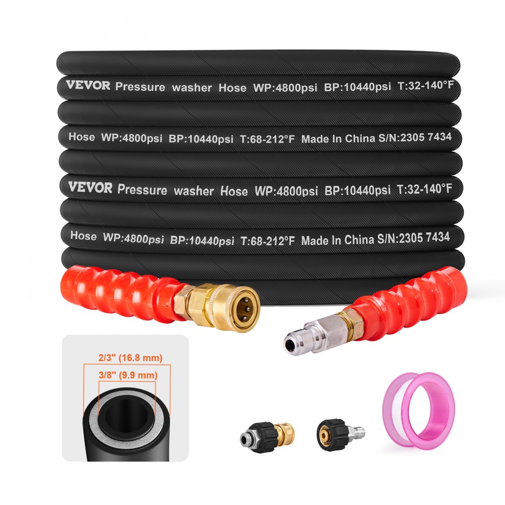 VEVOR Pressure Washer Hose, 100FT, Kink Free 3/8"-φ14.8 Male, 3/8"-φ15 Female For Most Brand Pressure Washers, 4.9'' Bending Radius, 4800 PSI Heavy Duty Power Washer Extension Replacement Hose - GYQXRG100FT3TSQ9MV0