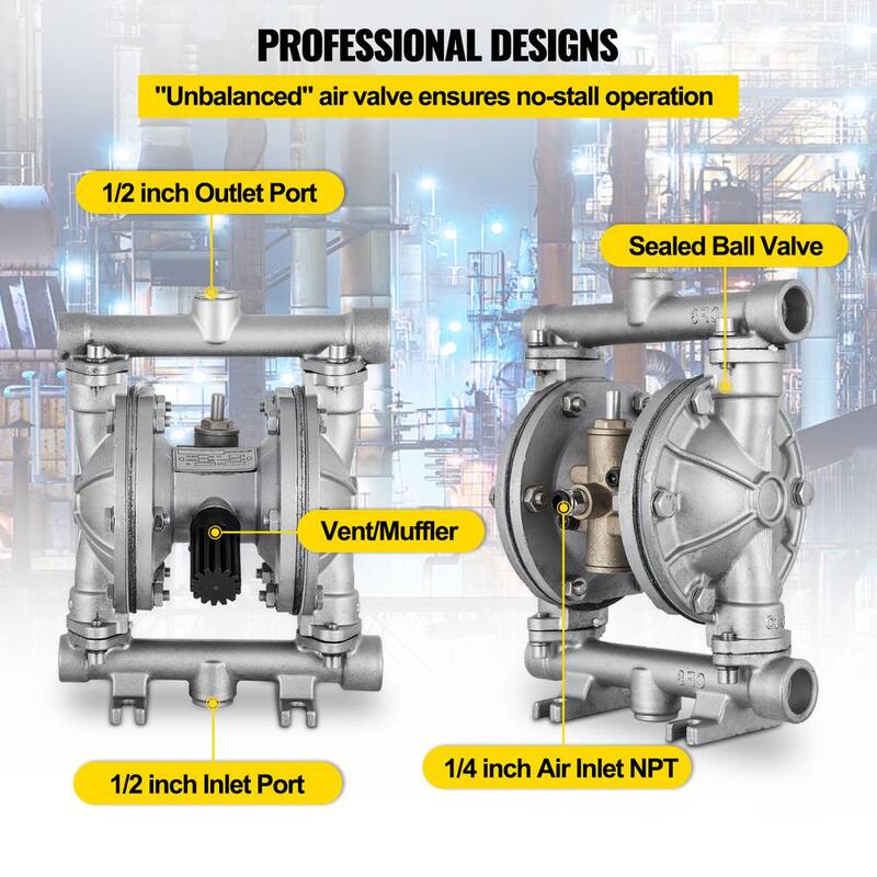 VEVOR Air-Operated Double Diaphragm Pump 1/2 in. Inlet Outlet 8.8 GPM 120PSI PET Diaphragm Transfer Pump for Petroleum Diesel - YBGMBQBK-15P00001V0