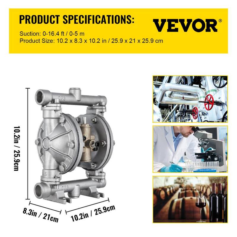 VEVOR Air-Operated Double Diaphragm Pump 1/2 in. Inlet Outlet 8.8 GPM 120PSI PET Diaphragm Transfer Pump for Petroleum Diesel - YBGMBQBK-15P00001V0