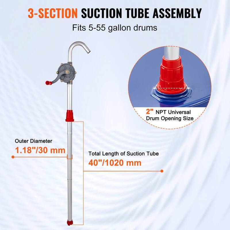 VEVOR 5 Gal. to 55 Gal. Drum Pump Aluminium Alloy Rotary Barrel Pump 6 GPM Flow with 3-Section Suction Tube Assembly and Hose - SDTBSYSLH8555Z7NZV0
