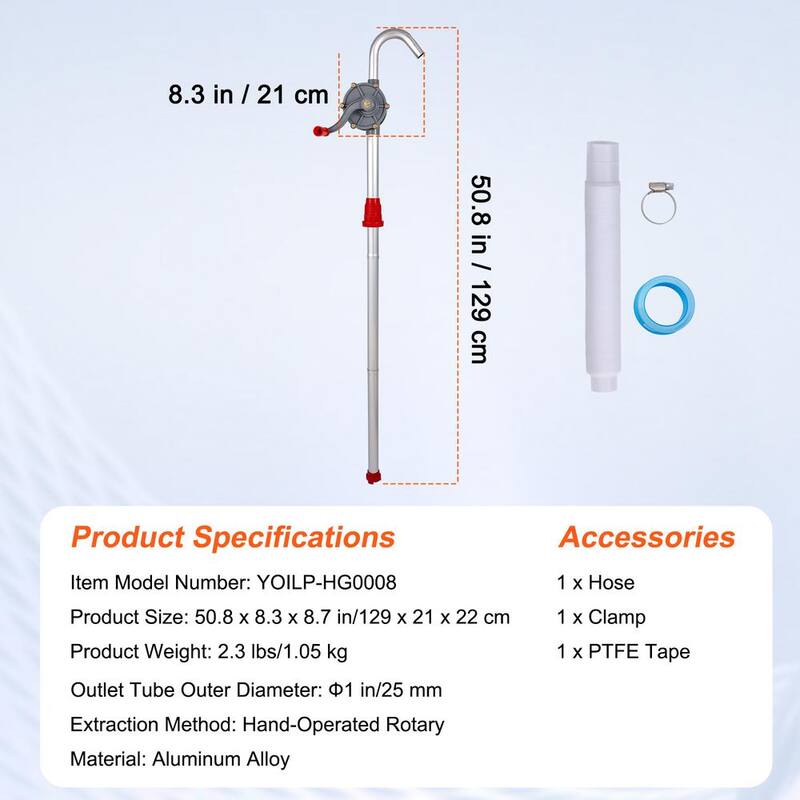 VEVOR 5 Gal. to 55 Gal. Drum Pump Aluminium Alloy Rotary Barrel Pump 6 GPM Flow with 3-Section Suction Tube Assembly and Hose - SDTBSYSLH8555Z7NZV0