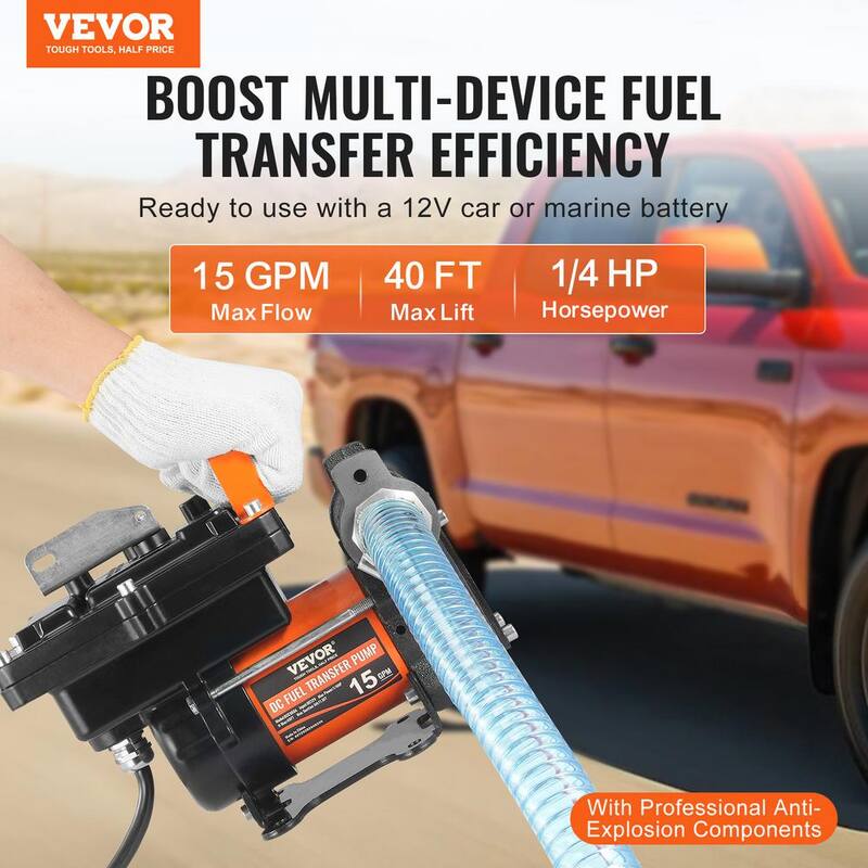 VEVOR Fuel Transfer Pump 15 GPM 1/4 HP Electric Diesel Transfer Pump Auto Shut-Off Fuel Nozzle Long Inlet & Outlet Hose - FBBMG15GPM14E8RUQV9