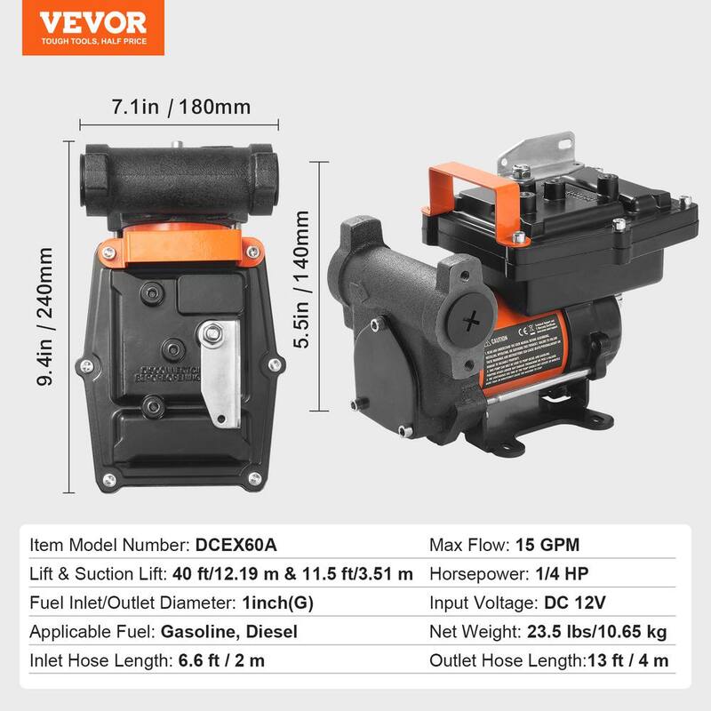 VEVOR Fuel Transfer Pump 15 GPM 1/4 HP Electric Diesel Transfer Pump Auto Shut-Off Fuel Nozzle Long Inlet & Outlet Hose - FBBMG15GPM14E8RUQV9
