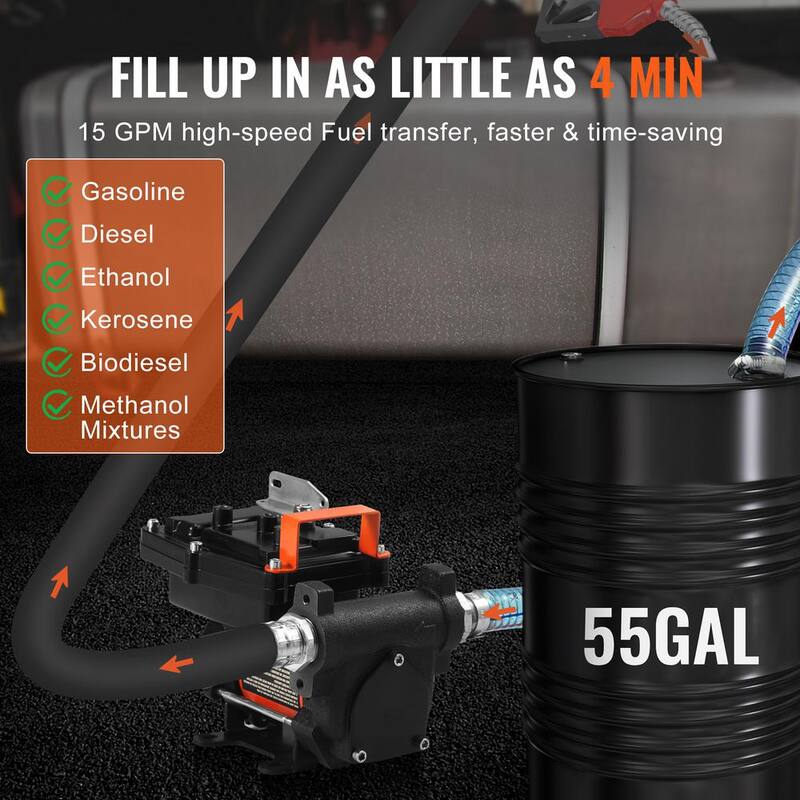 VEVOR Fuel Transfer Pump 15 GPM 1/4 HP Electric Diesel Transfer Pump Auto Shut-Off Fuel Nozzle Long Inlet & Outlet Hose - FBBMG15GPM14E8RUQV9