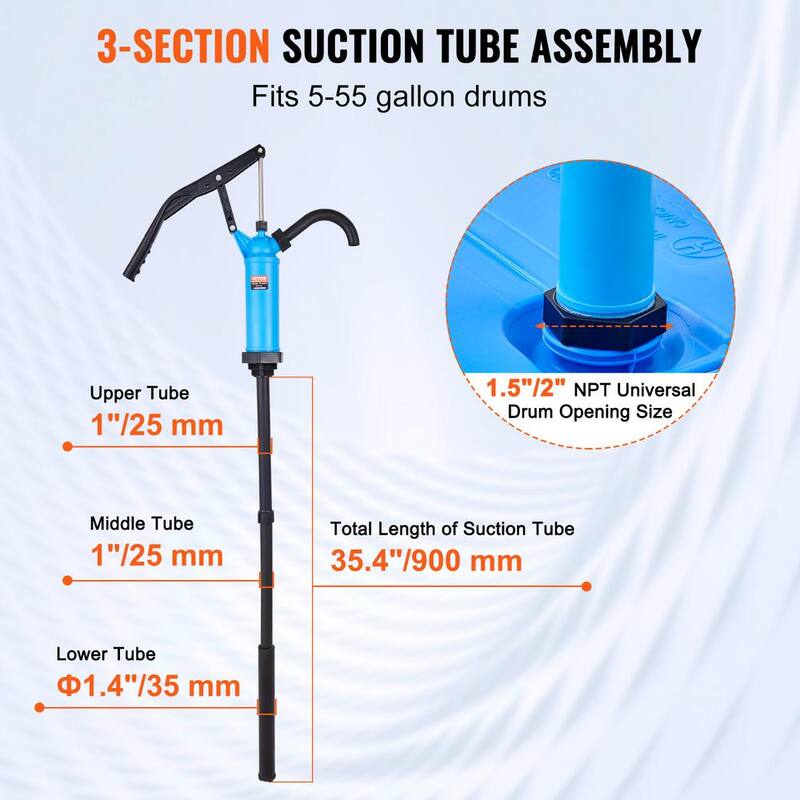 VEVOR 5 gal. - 55 gal. Drum Pump Lever-Action Barrel Pump with 3-Section Suction Tube Assembly and Hose - SDTBSYPP10555ASKQV0