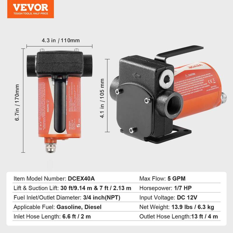 VEVOR Fuel Transfer Pump 5.3 GPM 1/10 HP Portable Electric Diesel Transfer Pump for Gasoline Diesel Kerosene Methanol Blends - FBBMG37GPM11Y1A3HV9